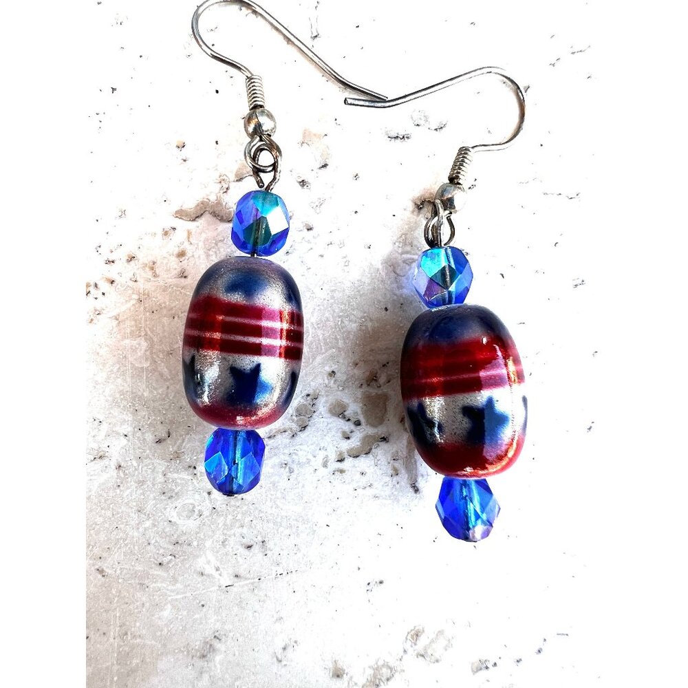 Earrings Stars Stripes Red White Blue Lampwork Blown Glass 2” Pierced Patriotic
